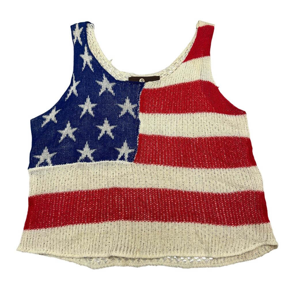 Vintage 2000s American Flag Mesh Tank Top Knit Vest Womens Small Y2K Streetwear